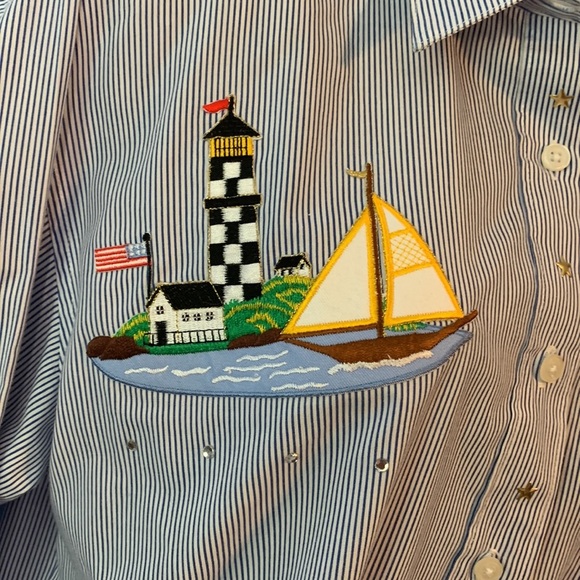 Las Olas Blue white Striped Button up Shirt Lighthouse Embroidery stars medium - Picture 2 of 8
